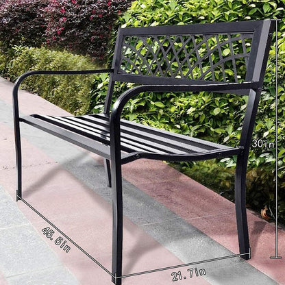 Garden Bench,Outdoor Benches,Iron Steel Frame Patio Bench with Mesh Pattern and Plastic Backrest Armrests for Lawn Yard Porch Work Entryway,Black