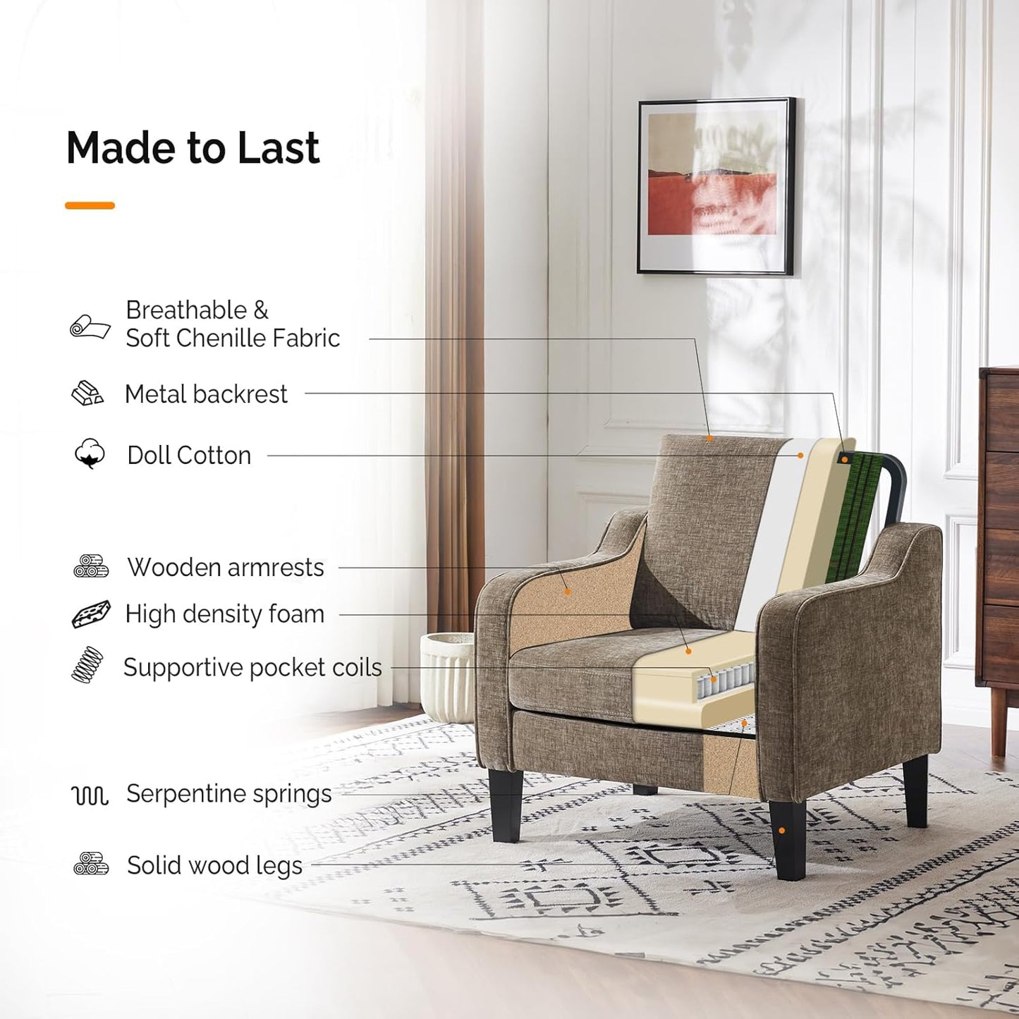 VINGLI Accent Chairs Set of 2 Living Room Chairs Light Brown Reading Chair for Bedroom Scooped Arm Chair Mid Century Modern Accent Chairs Upholstered Comfy Chair for Apartment, Waiting Room