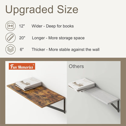 Fun Memories 20 Inch Floating Shelves, Deep Wall Shelves for Kitchen, 20 x 12 Floating Shelf for Living Room, Bedroom, Farmhouse Floating Shelves for Home Decor Storage, Rustic Brown, Set of 2