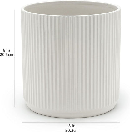 Amazon Basics Fluted Ceramic Round Planter, 8-inch, White