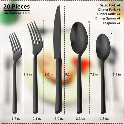 Alata Potter Black 20-Piece Forged Silverware Set, Service for 4 Stainless Steel Flatware Set, Modern Design with Satin Finish, Ideal for Home, Kitchen, Party, Camping