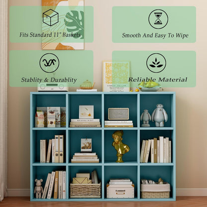 12-Cube Storage Shelf Bookcase - Wooden 3-Tier Floor Standing Open Bookshelf for Home and Office, Display Cabinet, Light Blue
