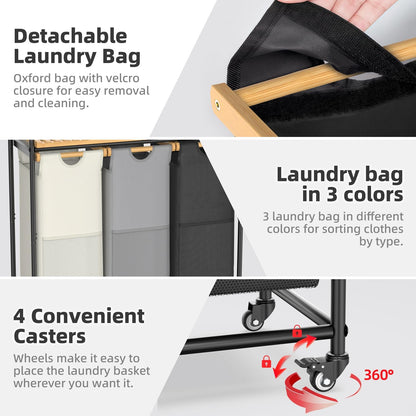 Laundry Hampers 3 Section, Laundry Sorter with Removable Shelf and Pull-Out Bags, Clothes Hampers with Wheels Rolling Cart Basket for Laundry Room Bathroom, 3 x 40 L (Black White Gray)