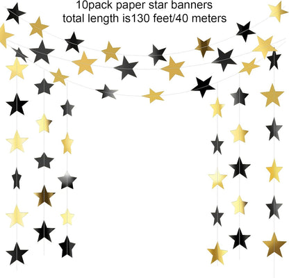 Patelai Glitter Star Garland Banner Decor 130 Feet Star Hanging Bunting Banner Twinkle Backdrop for Homecoming Classroom Wedding Birthday Halloween Christmas Party Supplies(Black, Gold)