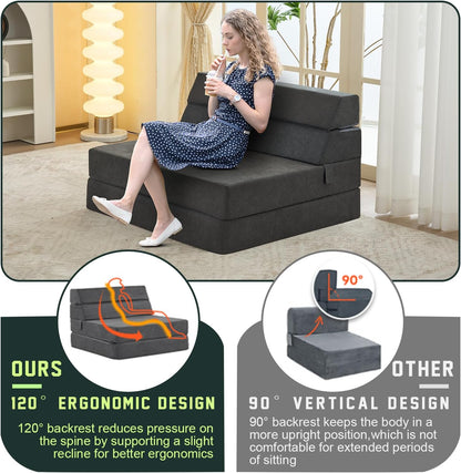 jela Foldable Sofa Bed Soft Foam Convertible Sleeper Chair Luxury Miss Fabric Fold Out Chair Bed Floor Couch with Back Support Floor Sofa for Living Room Bedroom (Twin,Dark Gray)
