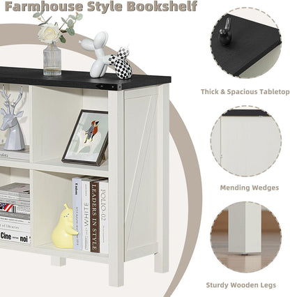 8 Cube Book Shelf, Farmhouse Wood Long Storage Organizer Bookcase, 62" Horizontal Antique White & Black Console Bookshelf, Kids Toy Storage Cabinet, Modern Open Book Case for Playroom, Office