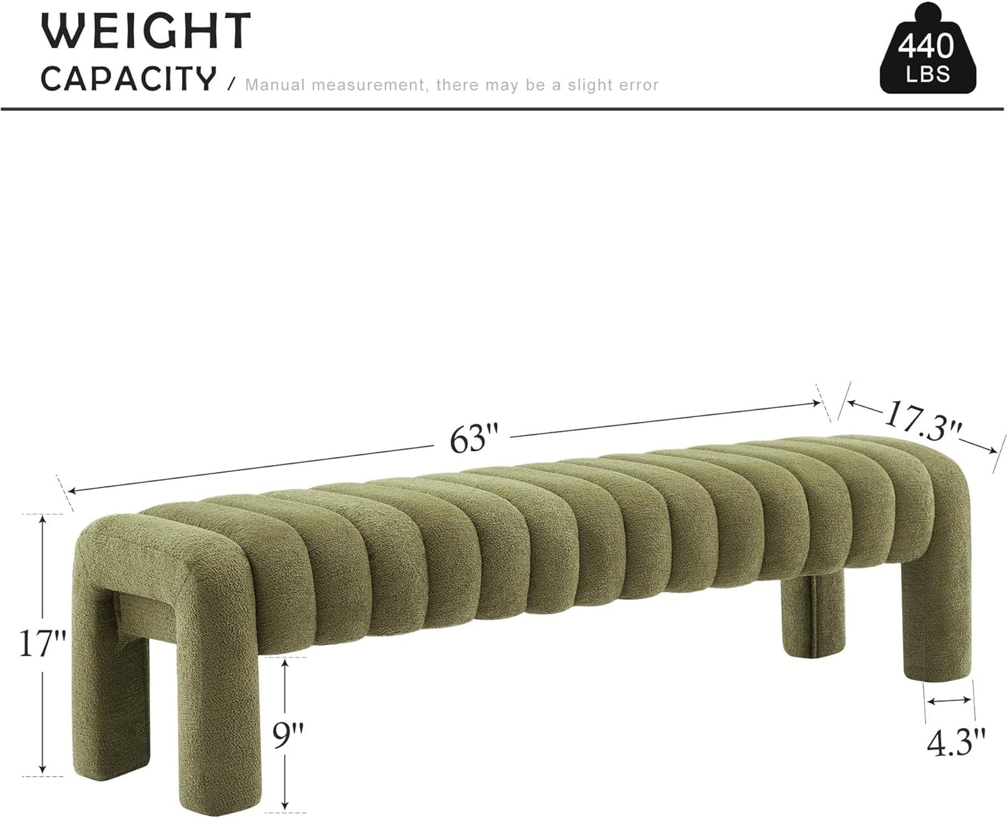 63" Bedroom Bench, Upholstered Entryway Bench, Modern End of Bed Ottoman with Solid Wood Legs and Adjustable Foot Pegs for Entryway, Dining Room and Living Room, 440lbs (Green Boucle)