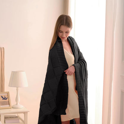 CozeCube Check Knit Throw Blanket, Jet Black Checkered Throw for Couch, Decorative Christmas Soft Cozy Warm Knitted Blanket for Bed Sofa Living Room, 50"X60"