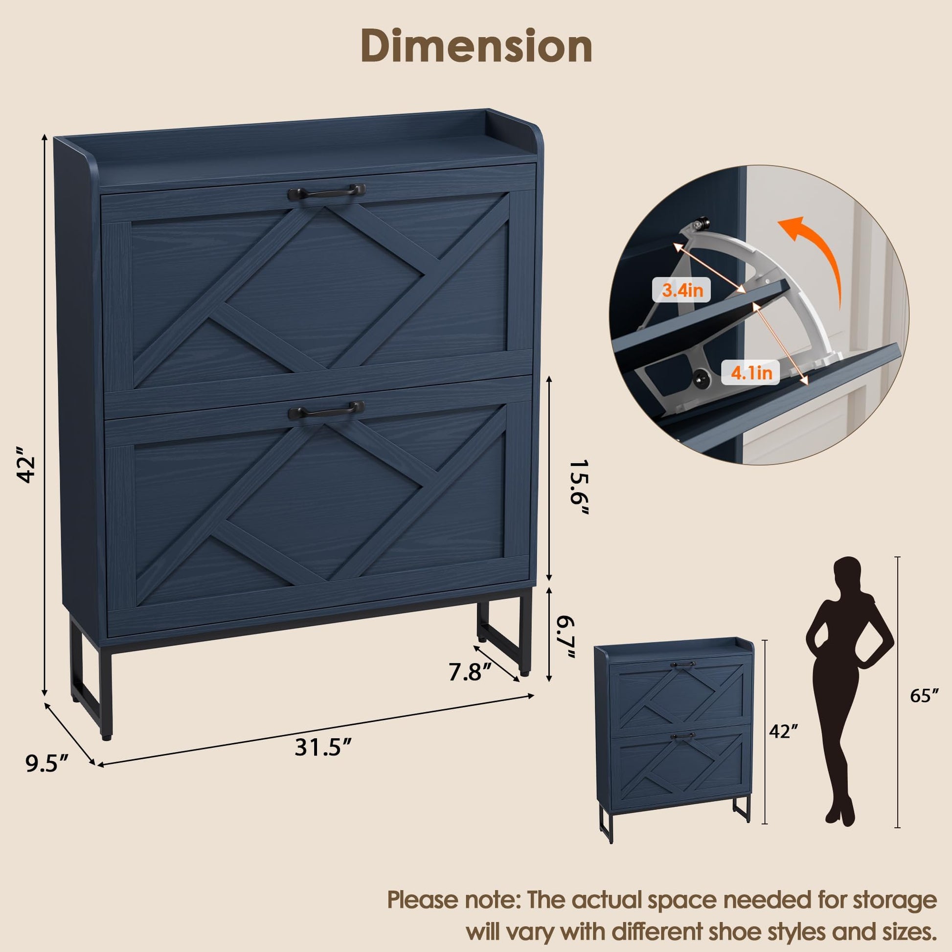 Nicetree Shoe Storage Cabinet, Shoe Cabinet with 2 Flip Drawers, Narrow Shoe Rack Cabinet