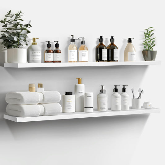 LaVie Home Floating Shelves, 47 Inch Wall Shelf Set of 2, Hanging Shelf with Invisible Brackets, Wall Decor for Bathroom, Bedroom, Living Room, Kitchen Storage, Modern White