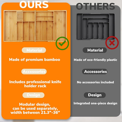 BAMEOS Expandable Silverware Drawer Organizer with Removable Knife Blocks, Bamboo Kitchen Utensil Holder from 21" to 36", Large Cutlery Tray with Divider for Forks, Spoons, Knives