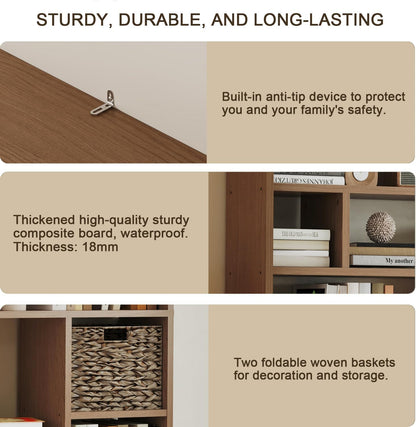 6-Tier Large Open Bookcase 71” Tall Sturdy Wooden Bookshelf with Baskets,Modern Style 16-Cube Home Display Shelf for Bedroom, Living Room（Oak Color）