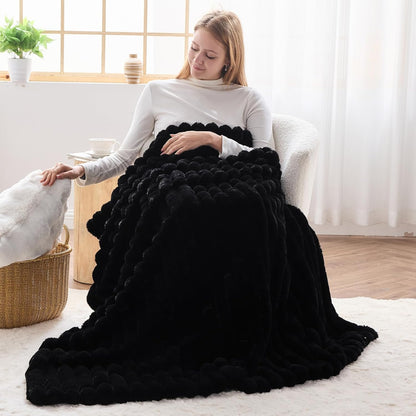NEWCOSPLAY Faux Fur Twin Blanket Black 3D Ribbed Plush Thick Warm Blanket for Couch Sofa Bed 850GSM (Black Ribbed, Twin(60"x80"))