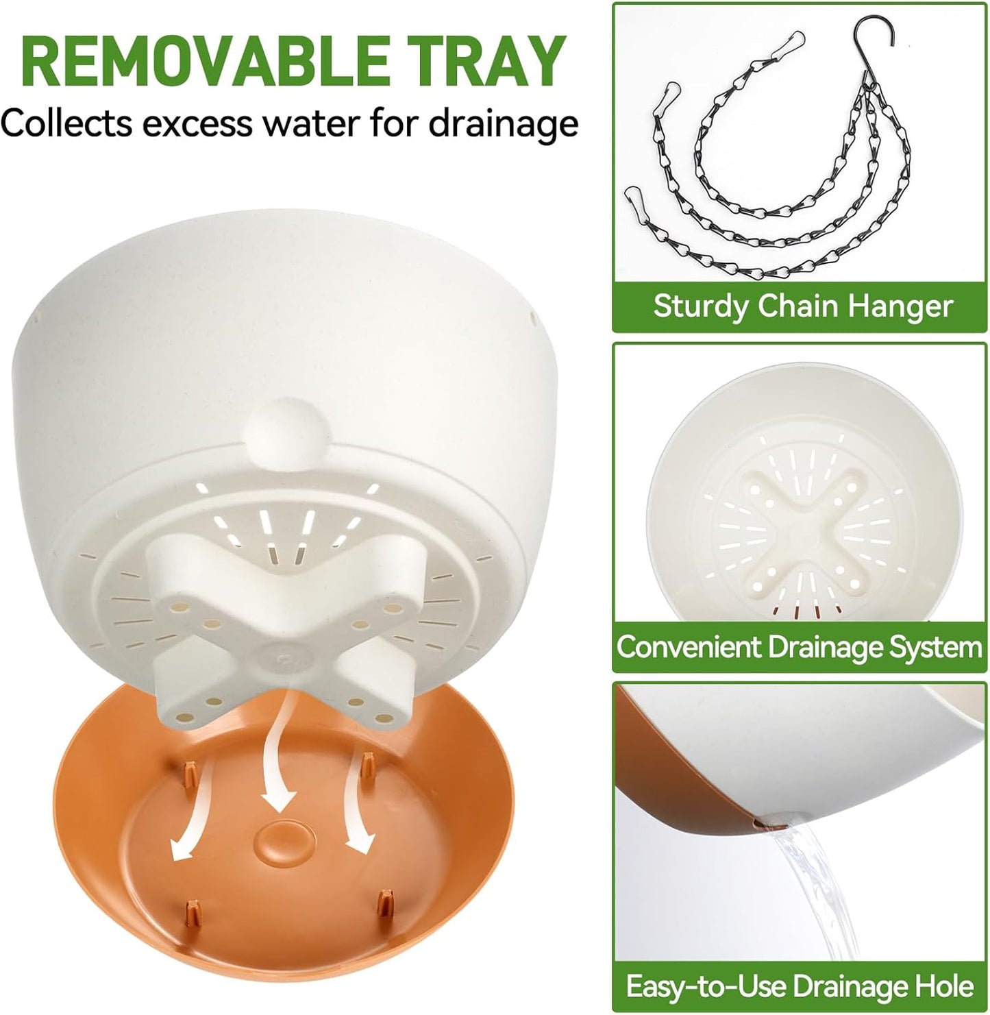 8 Inch Hanging Planters for Indoor & Outdoor Plants (2 Pack) - Self-Watering & Drainage Flower Pots with 2 Kinds of Plant Hangers for Home Decor & Garden (White, 8 in)