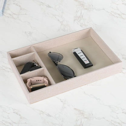 Desktop Storage Organizer, Nightstand or Dresser Organizer, Valet Tray, Entry Table Organizer, 4 Compartments,PU Leather Drawer Storage Organizer Decorative Trays. (Pearl White—2)