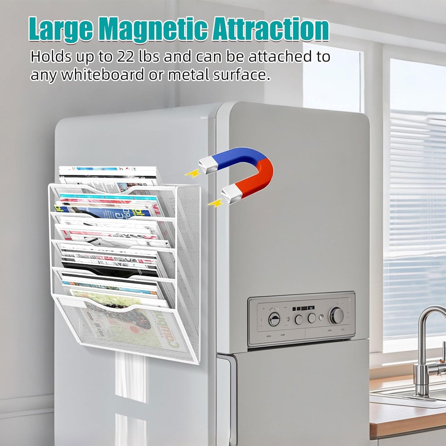 5-Tier Magnetic File Organizer, No Drilling Installation, White Magnetic Paper Holder, Magazine Rack for Refrigerator and File Cabinets