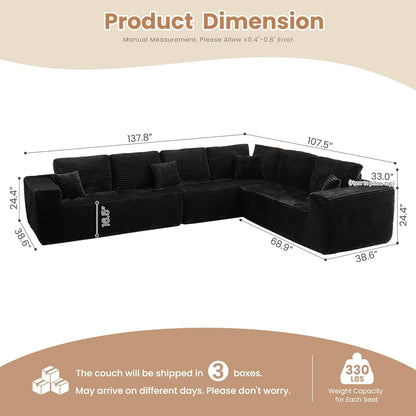HOOOWOOO Cloud Sectional Couches for Living Room,Modular Sectional Sofa No Assembly,138X108 Inch Plush Corduroy Large L Shaped Floor Couch Set with Deep Seat(Black)