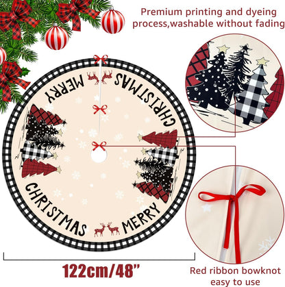 Christmas Tree Skirt 48 Inches Black White Buffalo Plaid Xmas Tree Skirt with Snowflake Merry Christmas Tree Skirts Christmas Tree Decorations for Christmas Holiday Home Decor Indoor Outdoor