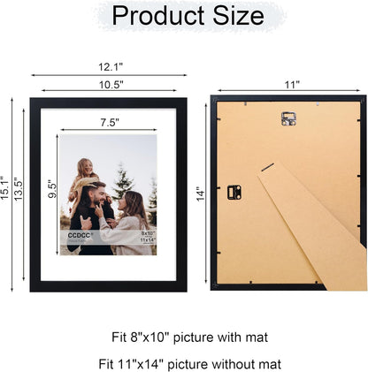 11x14 Picture Frame Set of 4, 11 x 14 Wood Photo Frames with Mat for 8x10, Wooden Frame with Real Glass Cover for Wall and Tabletop Display,Black