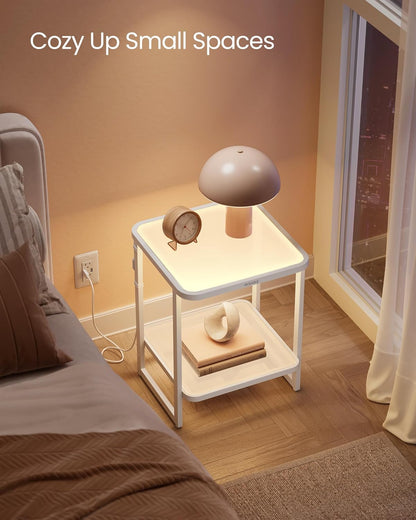 VASAGLE End Table, 2-Tier Side Table with LED Lights, Modern Nightstand, Square Bedside Table, Frosted Glass, Bottom Shelf, for Bedroom, Cloud White and Pearl White ULET232W01