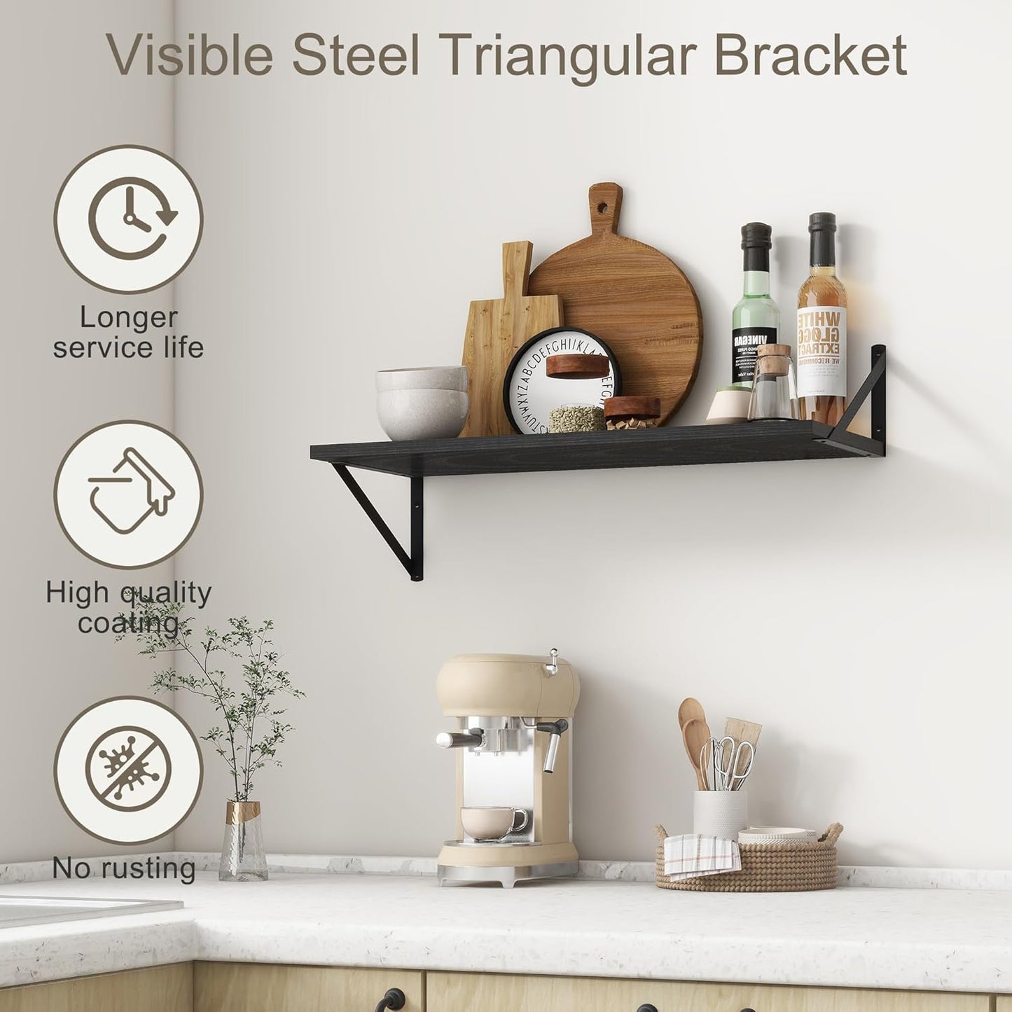 Fun Memories 27.5" W x12 D Floating Shelves, Black Wall Shelf with Brackets, 12 Inch Deep Floating Shelf Set of 2, Large Storage Kitchen Living Room Bathroom Shelves, Wood Wall Mounted Shelf