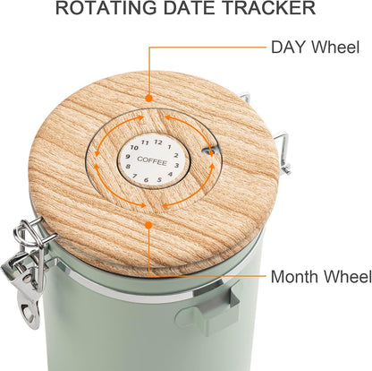 TEDSWAIT Coffee Canisters Airtight Coffee Bean Storage Container Kitchen Stainless Steel Food Storage Container with Scoop Date Tracker & CO2 Valve 61Fl Oz (Green)