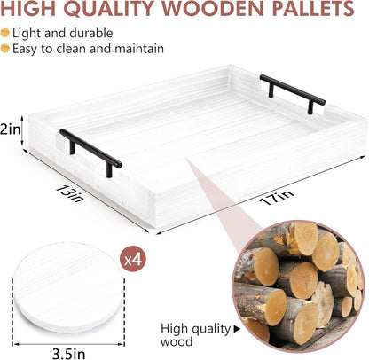 Ottoman Tray | Wooden Serving Tray with Handles & Coasters - 17x13 Inch, Rustic, White, Solid, Rectangular, Vintage, Lightweight