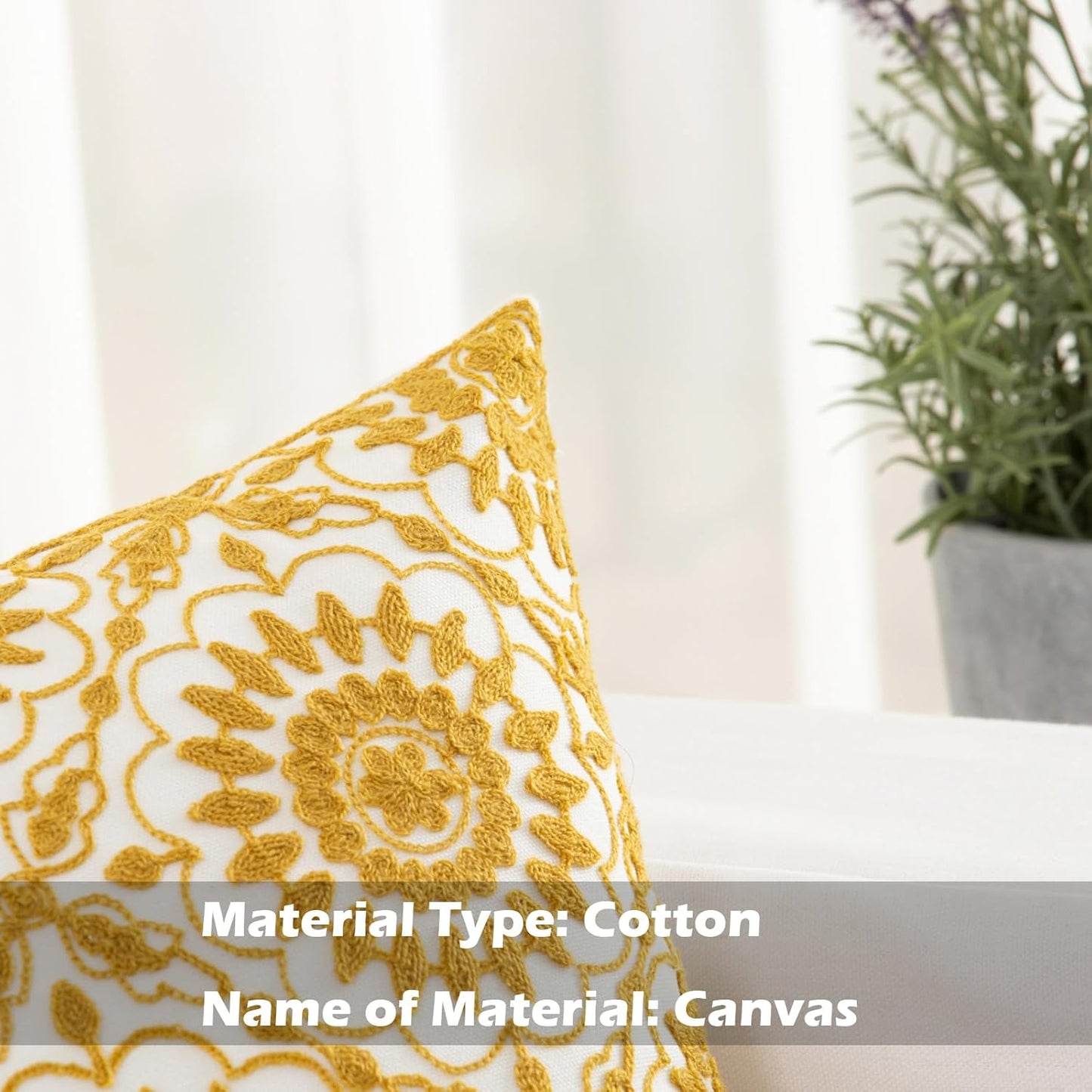 HWY 50 Yellow Decorative Throw Pillow Covers 18x18 Inch (1 Piece), Embroidered Cotton Farmhouse Cushion Cover Pillow Case for Sofa Couch Living Room Bed, Little Sunflower