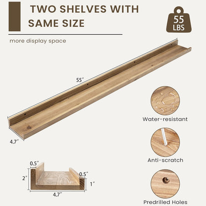 Floating Shelves for Wall, Picture Ledge Shelf 55 Inch Solid Wood Set of 2, Rustic Wall Shelves with Lip, Kids Bookshelf, Photo & Picture Live Edge Floating Shelves for Bedroom, Living Room, Kitchen