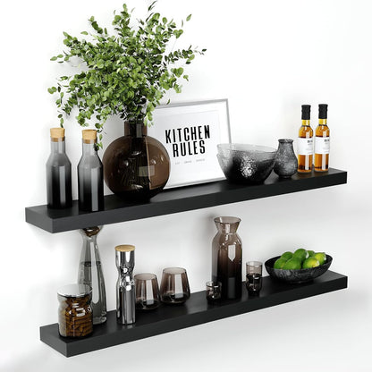 Homeforia Floating Black Shelf 42 inch, High End Solid Real Wood 42 inches Long Floating Shelves for Wall, Black Wooden 42inch Large Floating Shelves, Heavy Duty Bracket, 42 X 6.5 X 1.75 in, Set of 2