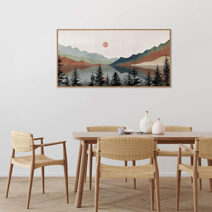 Tinonedraw Boho Mountain Framed Canvas Wall Art Set, Watercolor Nature Landscape Wall Decor, Neutral Modern Sunrise Artwork, Black Pine Trees Forest Art Prints for Living Room Bedroom Office 20"x40"