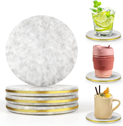 White Marble Coasters Set of 4 with Elegant Gold Brass Ring, Natural Marble Stone Coasters with Silicone Feet for Table Protection, Elegant Home Decor and Bar Tools