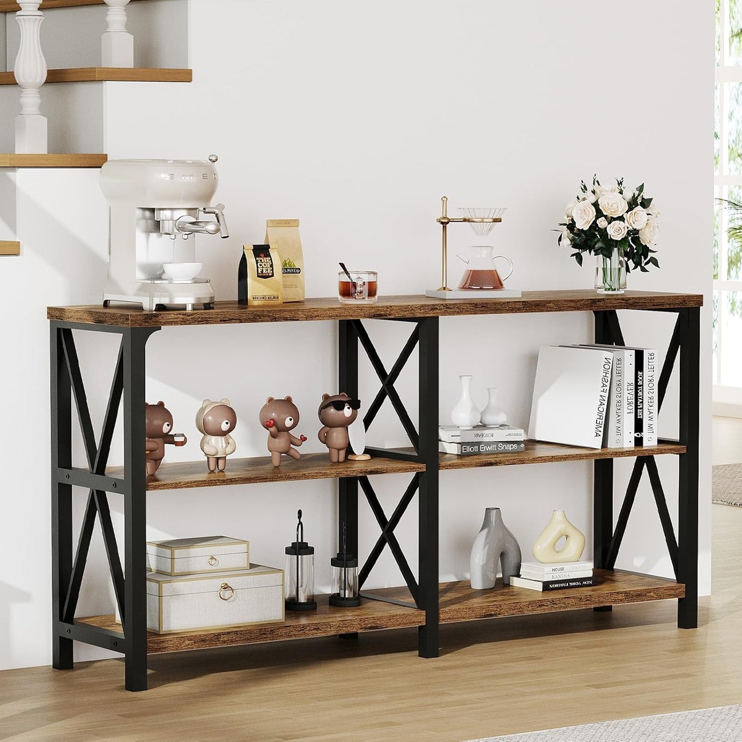 LVB Wood Console Table, Rustic 3 Tier Sofa Table Behind Couch, Industrial Metal Entryway Table with Storage Shelf, Farmhouse Wooden Foyer Hallway Table for Entry Living Room, Rustic Brown, 55 Inch