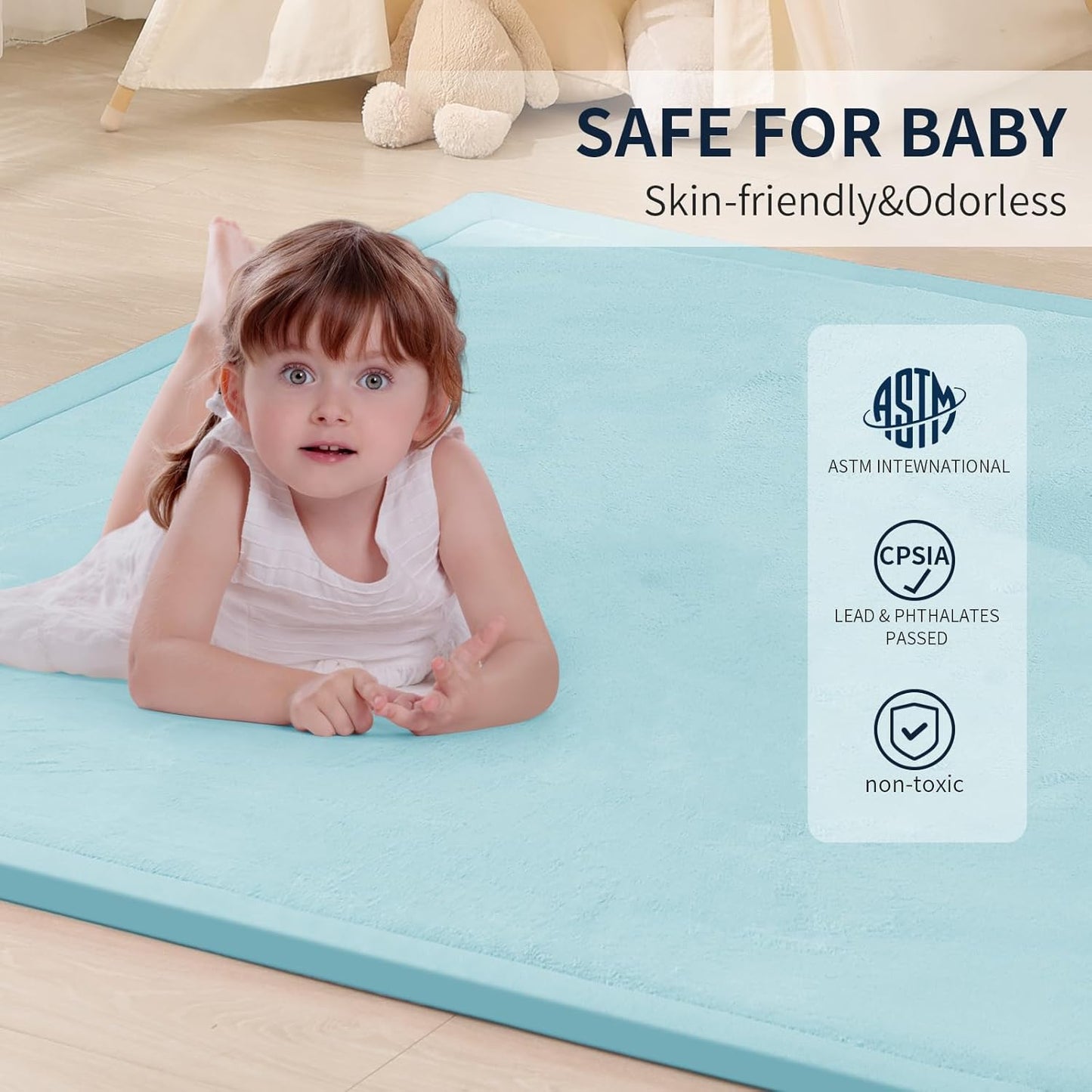 ACOMOPACK Baby Play Mat for Floor 1.3" Thick Memory Foam Play Mat 59"×71" Tummy Time Crawling with Non-Slip Bottom for Living Room,Nursery,Soft Velvet Playpen Mats for Kids,Infants（Light Blue）