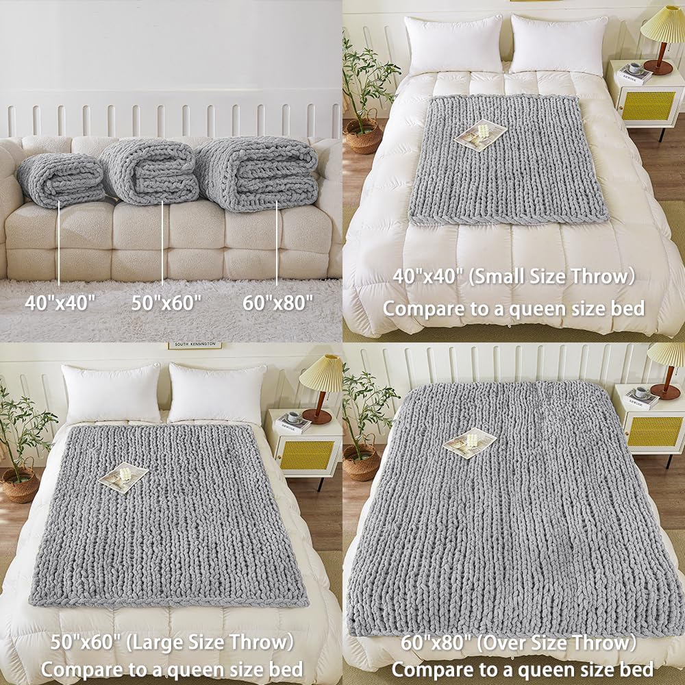 WESHIONGOO Chunky Knit Blanket Throw 40"×40" Knitted Throw Blankets for Couch Bed Fluffy Soft Blanket with Jumbo Chenille Yarn Thick 100% Handmade (Light Grey)