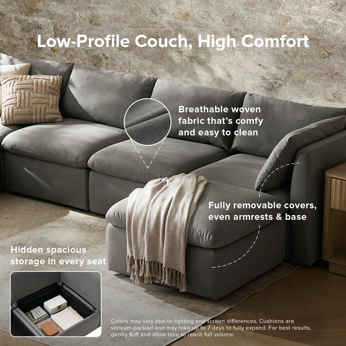 mopio Oversized Modular Sectional Sofa with Fully Removable Covers and Storage, Convertible U, L-Shaped and Sleeper Sectional, Modern Couches with Ottoman Chaise (Stone Gray Fabric, 7 Seats, U)