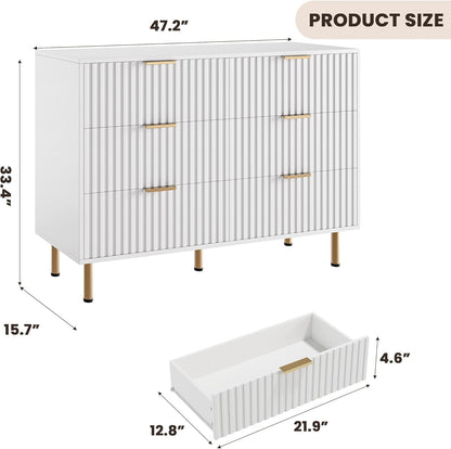 White 6 Drawer Dresser for Bedroom, Fluted 54" Wide Modern Chest of Drawers with Deep Drawers, Long Large Double Dresser TV Stand for Living Room, Hallway, Kids Room