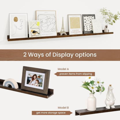 Picture Ledge Shelf, Solid Pine Wood Floating Shelves Set of 2, 48 Inches Nursery Book Shelves for Toys Storage, Kids Bookshelf Wall Mounted for Living Room Bedroom Decor Books Photo Frames, Walnut