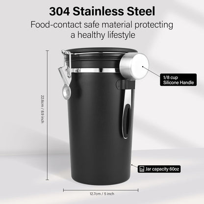 malmo Coffee Canister Set of 3, Airtight Coffee Container with Date Tracker Lid, Stainless Steel Canister for Kitchen Food Storage (Black, 180oz)