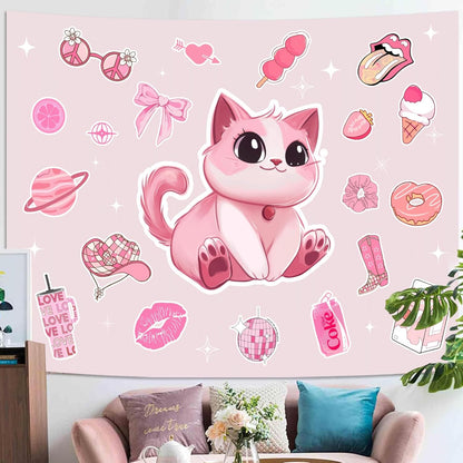 Lunerfex Y2K Tapestry Pink Cat Wall Tapestry, Cute Tapestries for Bedroom Funny Tapestries Wall Hanging for Bedroom Living Room Decor Pink-5 44"x60"