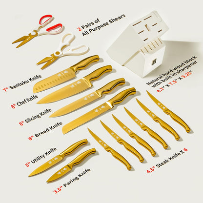 ZHANG XIAO QUAN SINCE 1628 15Pcs Knife Sets with Block, 50Cr15MoV Stainless Steel kitchen knife set with Built-in Sharpener Dishwasher Safe(Golden)