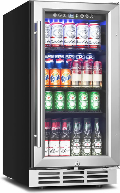 15 Inch Beverage Refrigerator Under Counter - 126 Cans Beverage Fridge with Glass Door for Beer Wine Soda - Built-in or Freestanding Wine Cooler with Safety Lock for Home Kitchen Bar