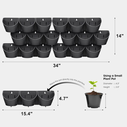 Worth Garden Upgraded 6 Sets (18 Pockets) Self Watering Stackable Vertical Planters - Wall Mounted Plastic Plant Grow Pots fr Strawberries Flowers Herbs - Indoor Outdoor Green Wall Decoration (Black)