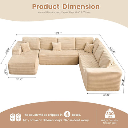 HOOOWOOO Cloud Sectional Couches for Living Room,Modular Sectional Sofa No Assembly,133X108 Inch Plush Corduroy Large U Shaped Floor Couch Set with Deep Seat Left Chaise(Beige)