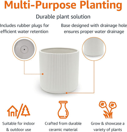 Amazon Basics Fluted Ceramic Round Planter, 8-inch, White