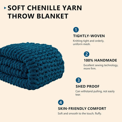 L'AGRATY Chunky Knit Blanket Throw: 80''x90'' Chenille Chunky Knitted Throw Blankets for Bed Couch - Handmade Thick Big Cable Knit Blanket - Large Crochet Rope Blankets for Home Decor(Blue)
