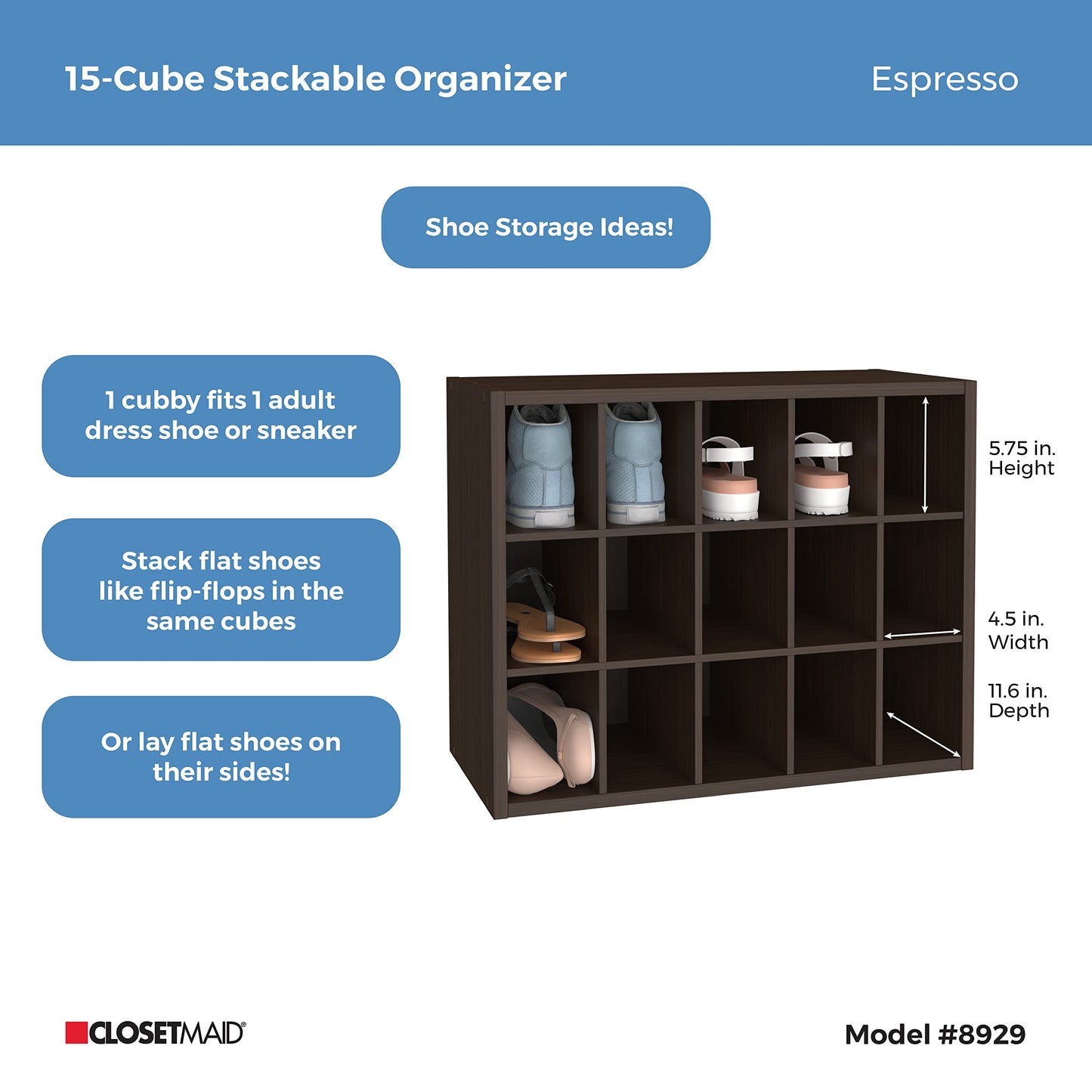 ClosetMaid 15 Cube Stackable Storage Organizer for Shoes, Bags, Crafts, Hobbies with Wood Shelves