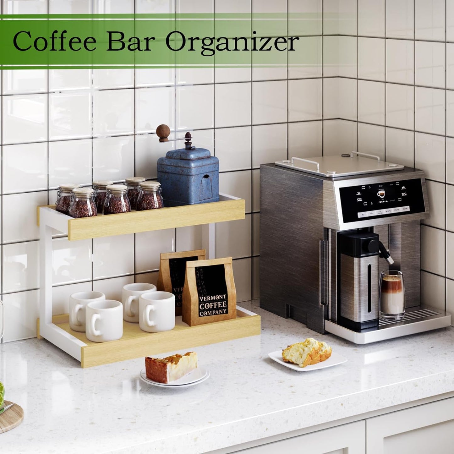 MARTY 2 Tier Spice Rack Organizer for Countertop, 15.8''L Coffee Station/Bathroom Organizer Countertop, Counter Shelf Desktop Storage Organizer for Kitchen, Bedroom, Office