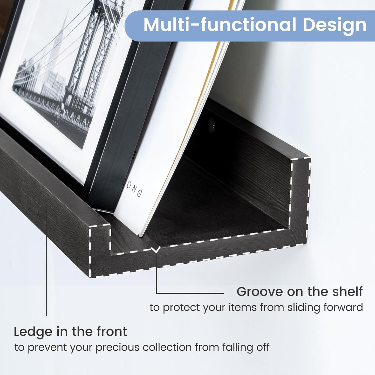 Picture Ledge Shelf, Floating Shelves Set of 2, Solid Pine Wood 72'' Long Large Nursery Book Shelves for Toys Storage, Kids Bookshelf for Living Room Bedroom Decor Books Photo Frames, Black