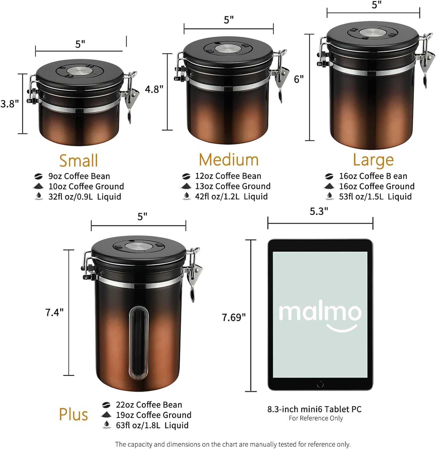 malmo Coffee Canister, Airtight Coffee Container with Date Tracker Lid, Stainless Steel Canister for Kitchen Food Storage (Black-Copper, 9oz)